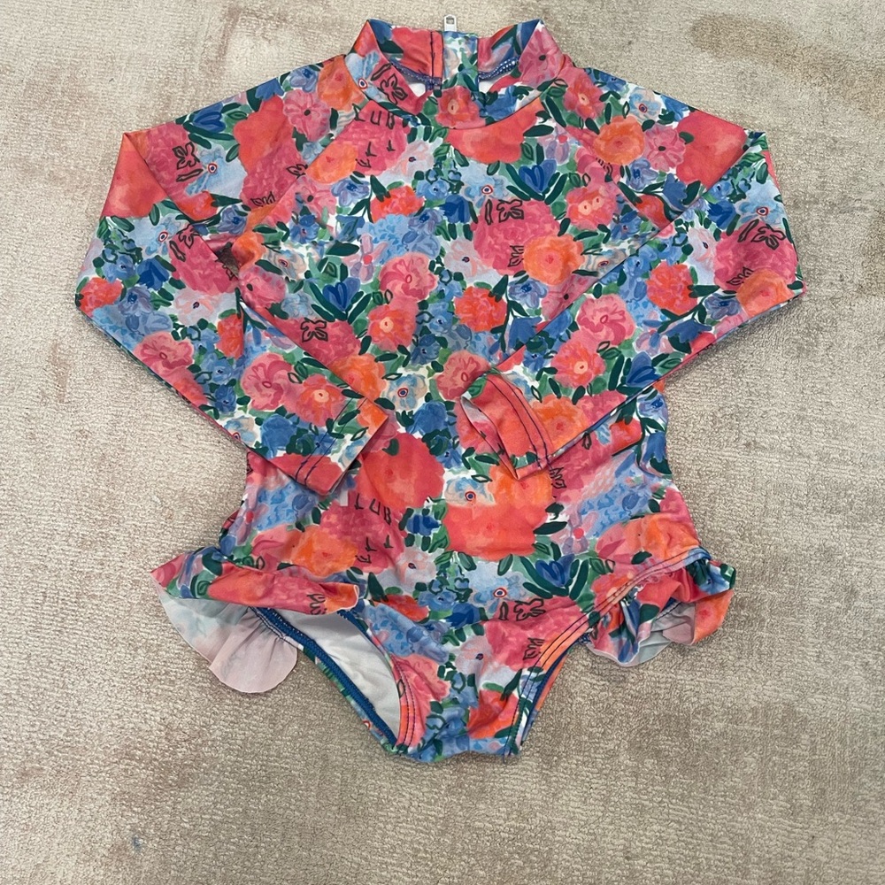 Girls' Long-Sleeve Floral Rashguard Swimsuit – Pink & Blue